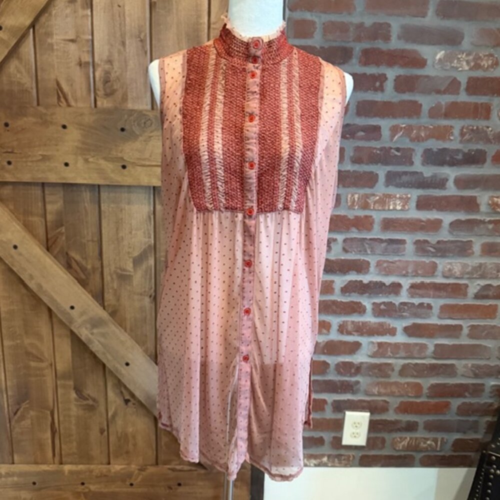 Anthropologie Sheer Swiss Dot Smocked Sleeveless Blouse Rust Boho Cottagecore M